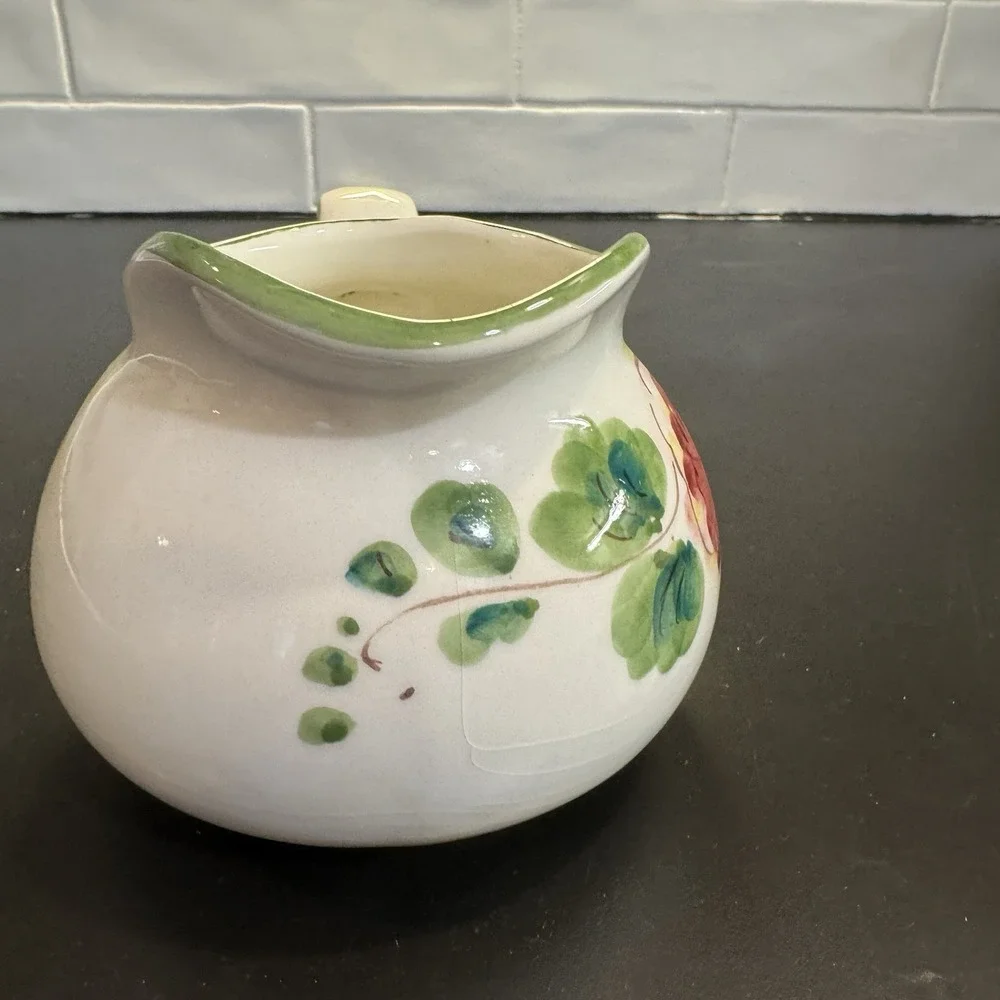 Vintage Floral‎ Ceramic Pitcher Vase Hand Painted in Italy Cottage Core Country